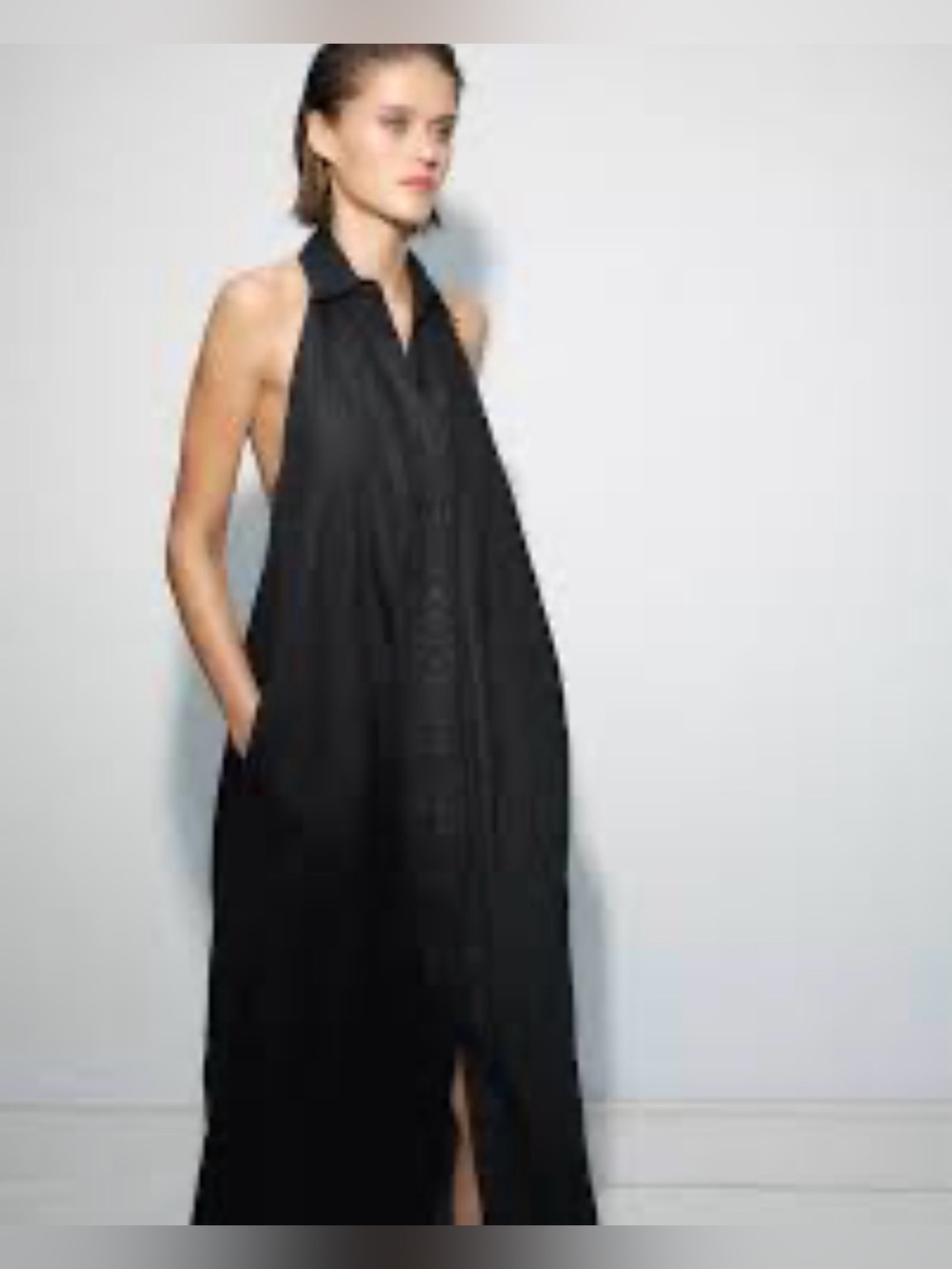 EUC Zara Linen Backless Black Maxi Halter Style Collared Dress XS to Small